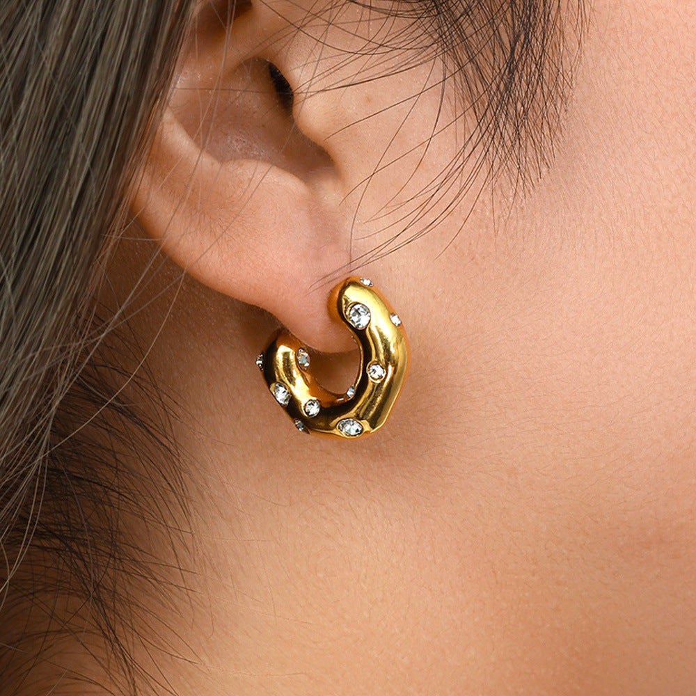 5pcs Shaped Hammer Pattern Inlaid With Zircon Inlaid Pearl C-Shaped Earring 18K Gold Stainless Steel Earrings