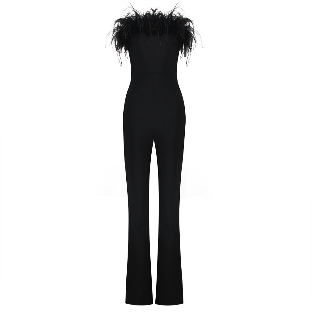 Sexy Blazer Feather Bandage Jumpsuit Temperament High Waist Stretch Wide Leg Flared Pants Women