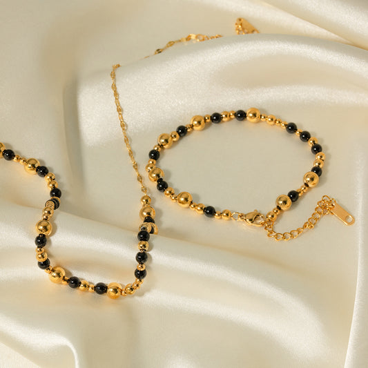 5pcs Fashion Popular 18K Gold Stainless Steel Black Agate Beads Necklace Jewelry Bracelet Combination