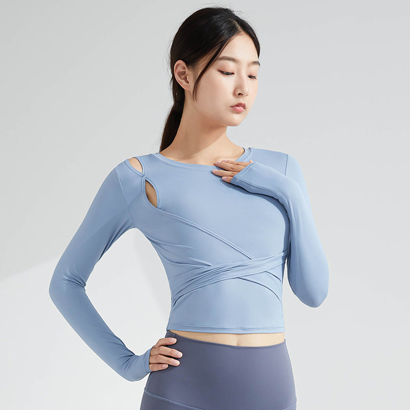 Breathable Yoga Top Women Long Sleeve Waist Slimming Outdoor Running Sports T-Shirt Cross Back Quick Dry Fitness Clothing