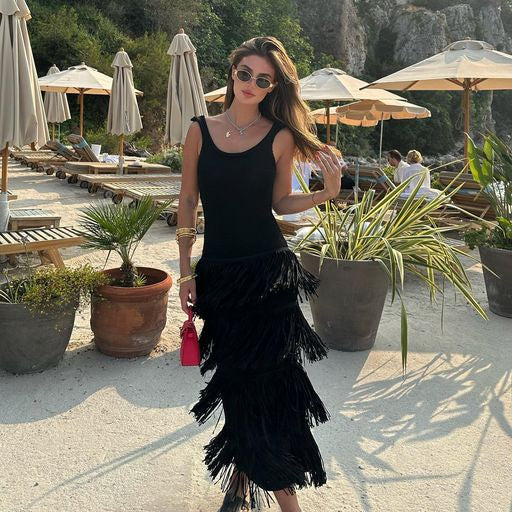 New Summer Solid Color Hem Fringe Knitted Halter Dress