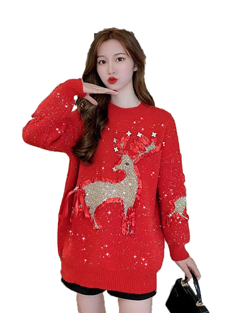 Winter New Christmas Moose Heavy Industry Sweater Women Fashion Loose Atmosphere Feeling Red Thick Sweater Women's Top