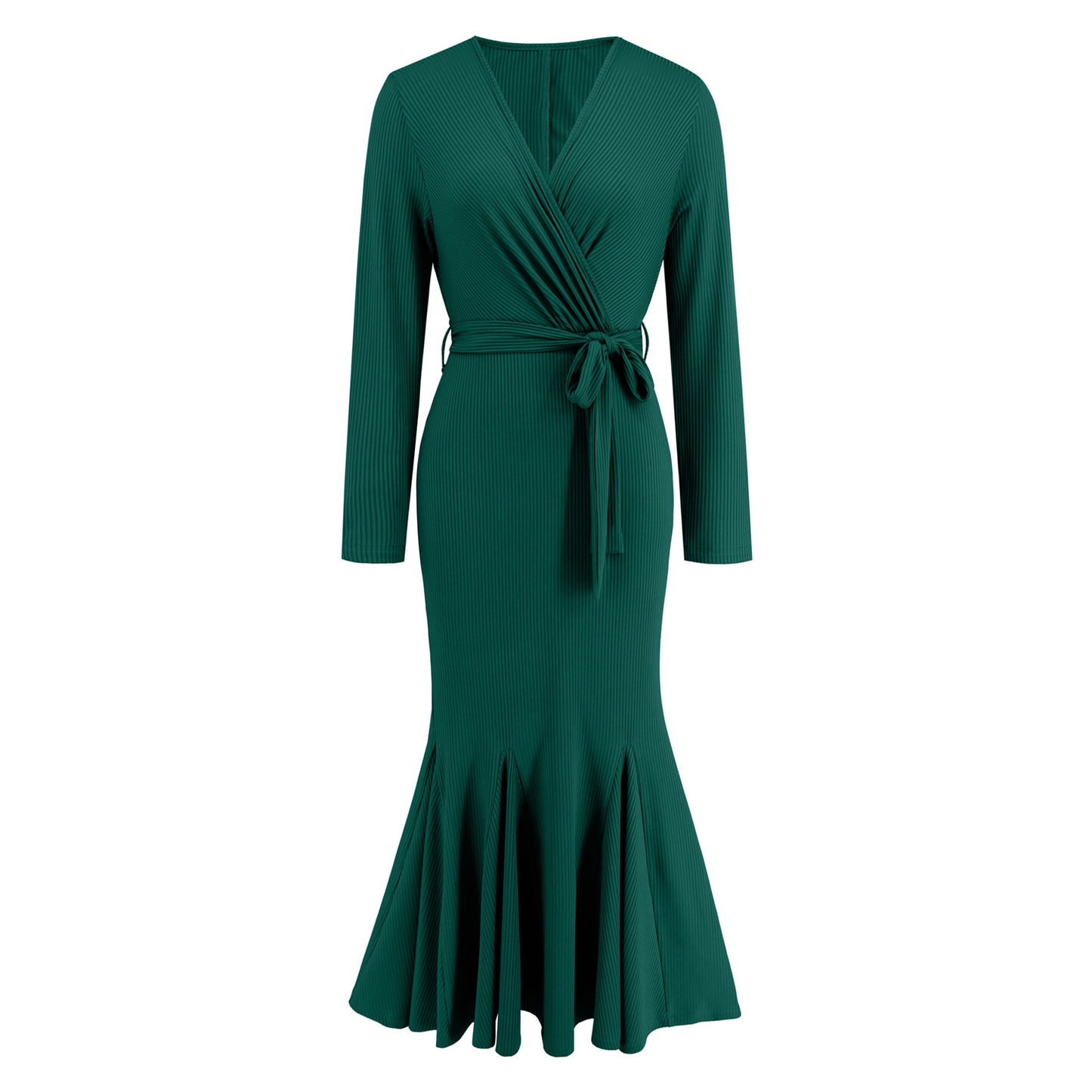 Women's V-Neck Long Sleeve Slim-Fit Temperament Fishtail Skirt Knitted Long Dress Dress Big Size