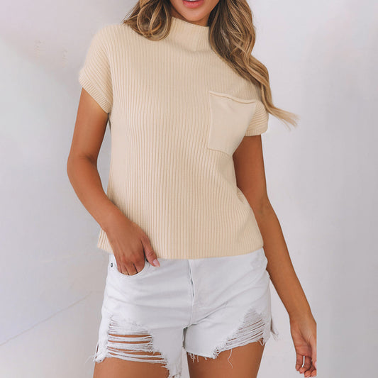 Autumn New Solid Color Pullover Turtleneck Short-Sleeved Blouse Female Simple Hundred Thread Sweater Female