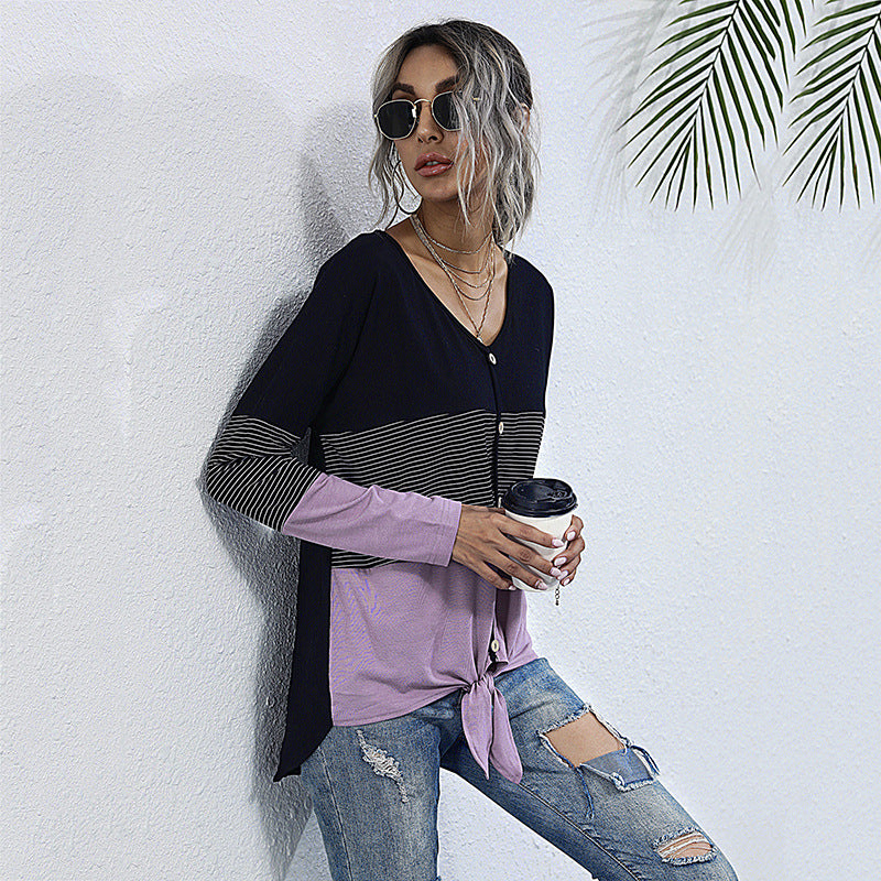 Women's Clothing Loose Shirt Long Sleeve Stitching Striped V-Neck T-Shirt Women Fashion Trend