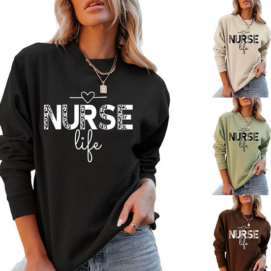 Pullover Crew Neck Top Long Sleeve Nurse Life Print Loose Hoodie