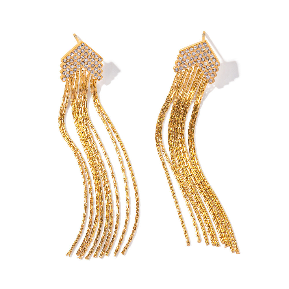 5pcs Simple 16K Gold Stainless Steel White Zirconium Long Strip Tassel Earrings Exaggerated Temperament Stud Design Feel Earrings Women