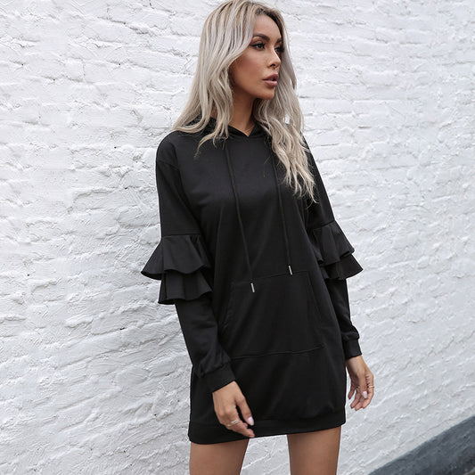 New Long-Sleeved Pullover With Hooded Skirt Women's Dress Flanged Spell Continuous Hoodie Dress