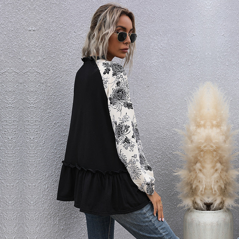 Style Casual Jacket Medium Long Loose Long-Sleeved V-Neck Black T-Shirt