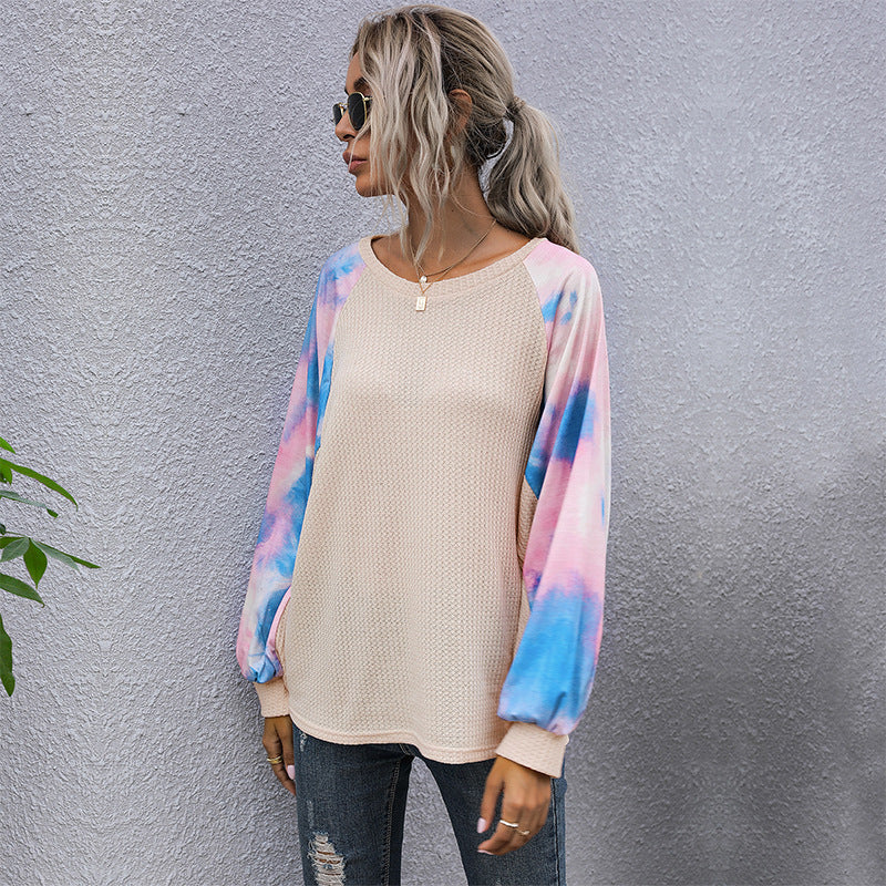 Loose Top Fashion Casual Crew-Neck Splicing Long-Sleeved Tie-Dyed White T-Shirt