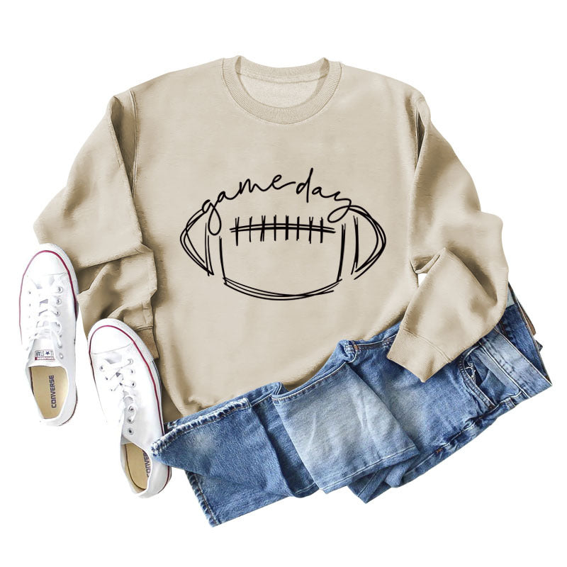 Game Day Rugby Letter-Printed Crew-Neck Fashion Long-Sleeved Hoodie With Base