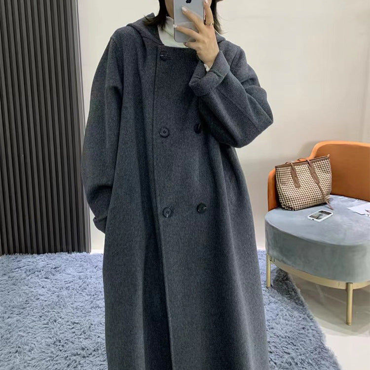 Hooded Long Autumn And Winter New Loose And Lazy Woolen Coat Double-Sided Wool Coat Woman