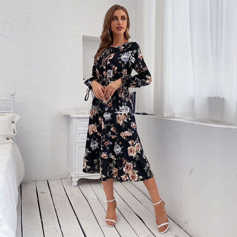 Fashion Women's Temperament Long-Sleeved Vintage Floral Dress Autumn