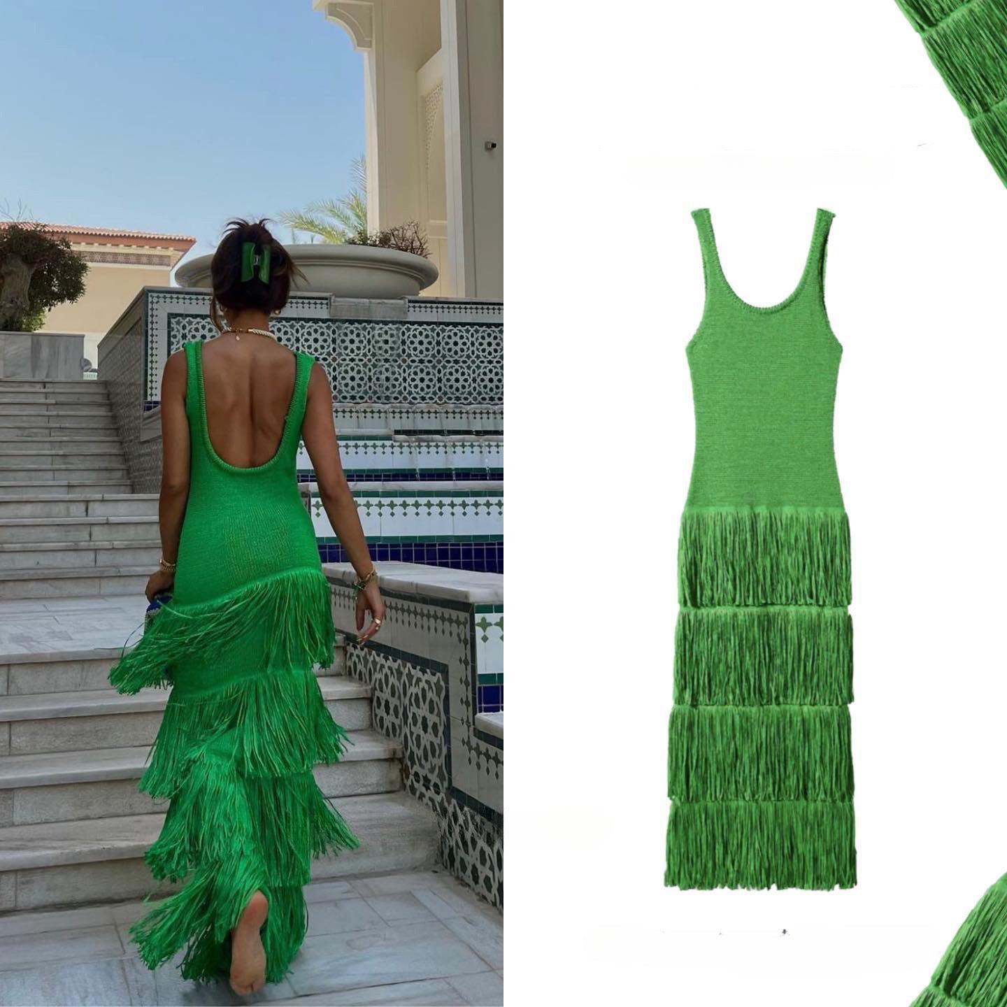 New Summer Solid Color Hem Fringe Knitted Halter Dress