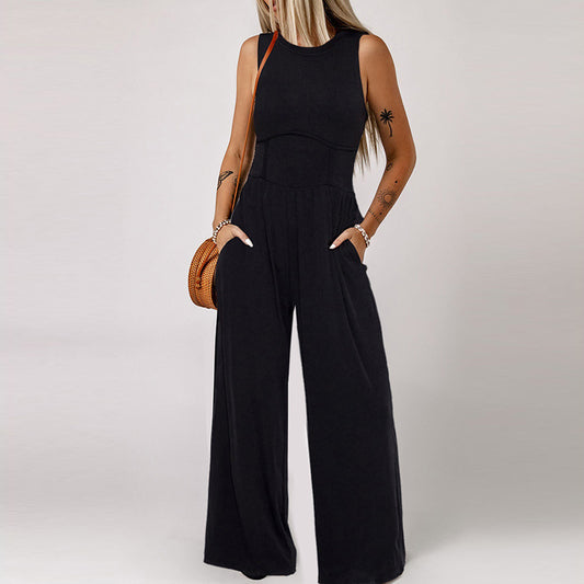 Fashion Simple Round Neck Sleeveless Jumpsuit Women Summer New Casual High Waist Wide Leg Pants Women