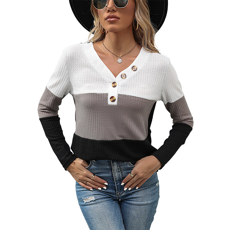 New Autumn  Women's Matching Color Pullover Bottom V-Neck Waffle Jersey