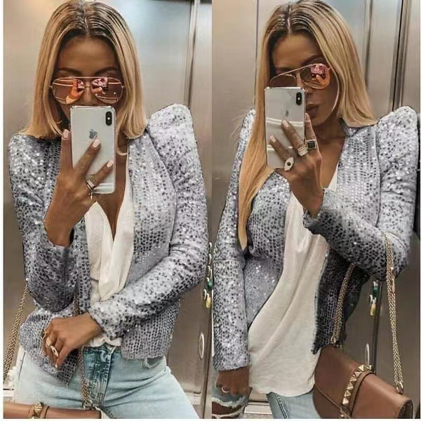 Spring New Women's Fashion Stand Collar Matching Color Sequin Coat Short Casual All-Matching Small Coat