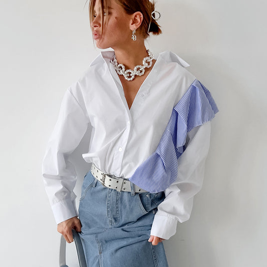 Spring Simple White Lapel Long-Sleeved Shirt With Contrasting Color Ruffled Cardigan Shirt For Women