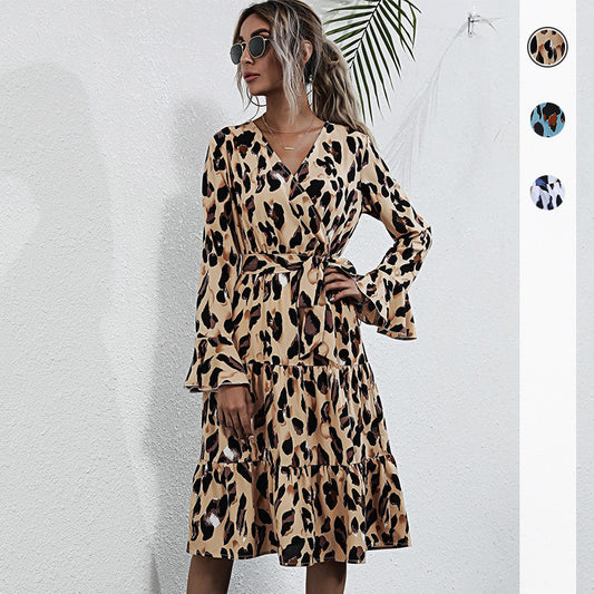 Fashion Women's Temperament Print Leopard Print Long-Sleeved Dress Autumn And Winter