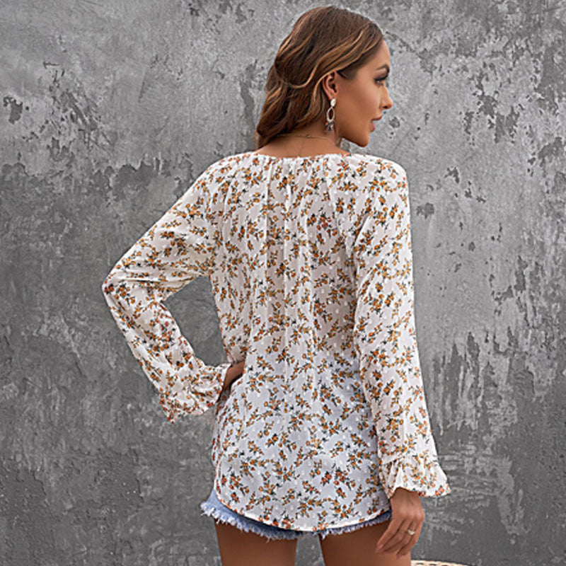 Summer New Long Sleeve Floral Chiffon Loose Casual V-Neck Pullover