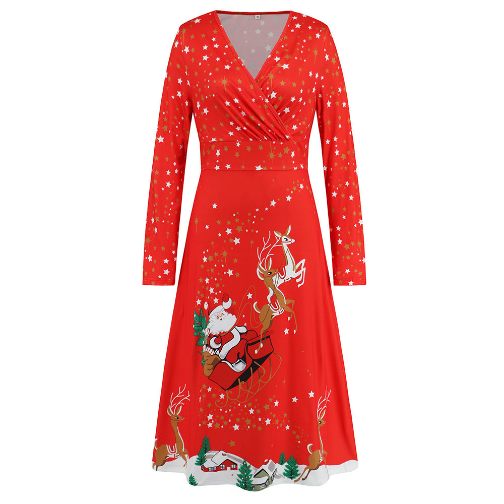 Women's V-Neck Long Sleeve Christmas Print Dress Sexy Christmas Dress Up New Year Party Play Maxi Dress