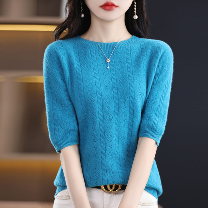 New Spring And Summer Round Neck 100 Knitwear Women Hollow Half Sleeve Bottom Top Knitting