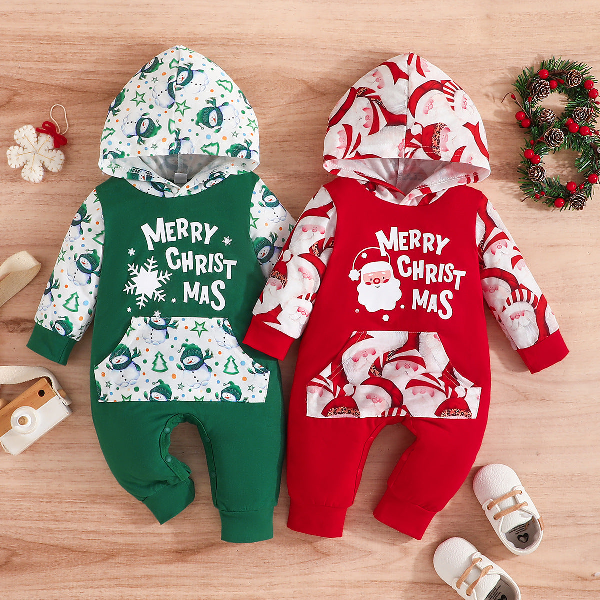 New Fashion Baby Hooded Long Legs Clothing Spring And Autumn Children Christmas Holiday Christmas Printing