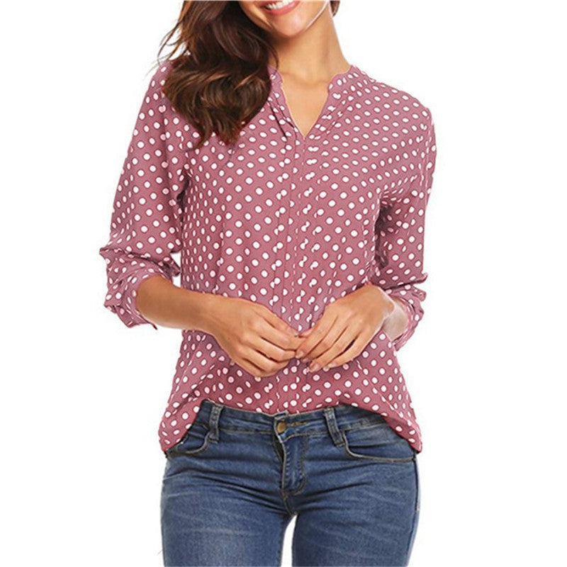 Large Size New Shirt Polka Dot Print V-Neck Long Sleeve Sleeve Loose Ladies Lining