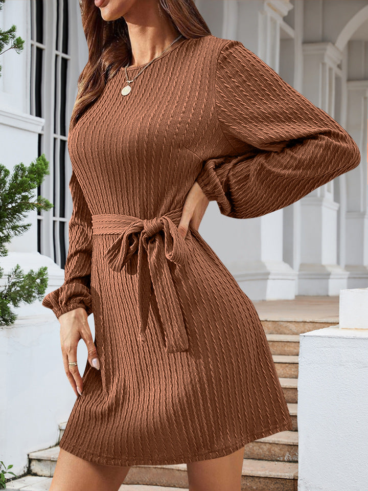 Autumn And Winter New Women's Belt Long Sleeve Twist Knitted Dress Bubble Sleeve Casual Skirt