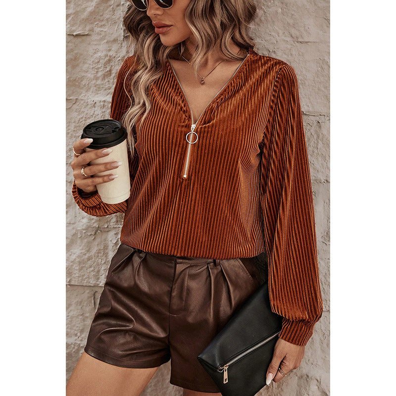 Autumn New Solid Color Velvet Long Sleeve Top Women Fashion Zipper Splicing V-Neck Pullover Women