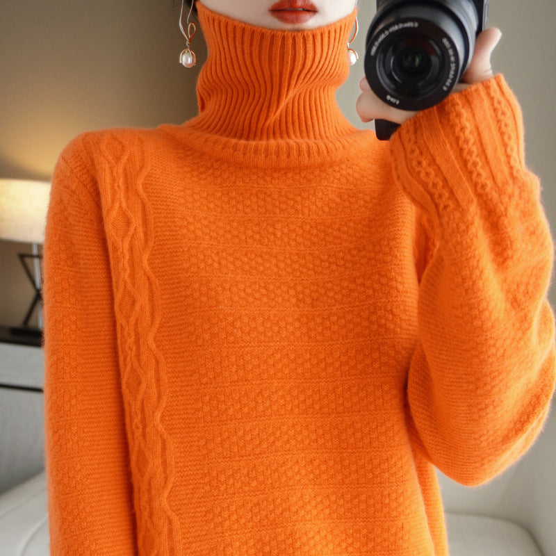 Autumn And Winter Turtleneck 100 Woolen Sweater Autumn And Winter New Thick Turtleneck Loose Solid Color Pullover Base Sweater