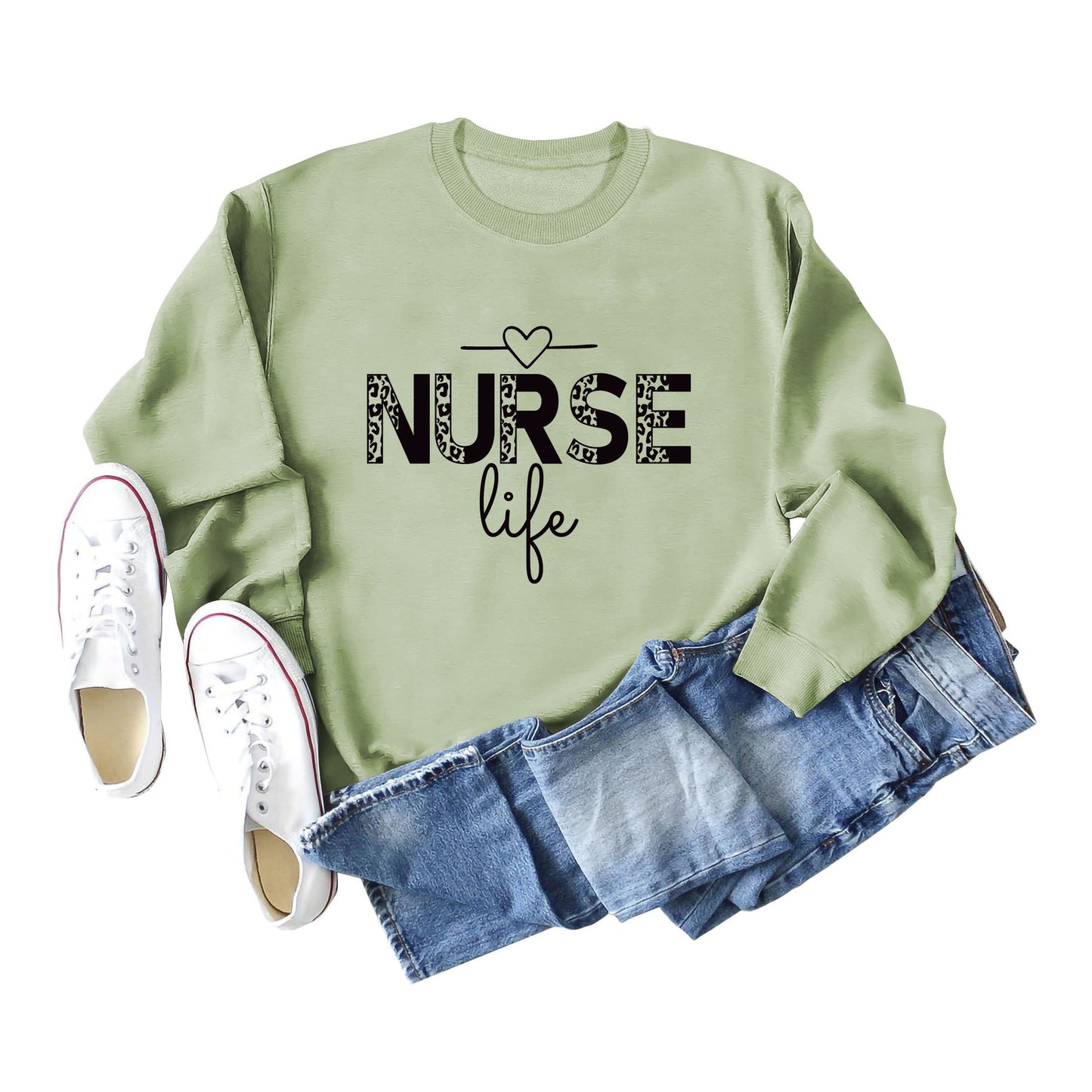 Pullover Crew Neck Top Long Sleeve Nurse Life Print Loose Hoodie