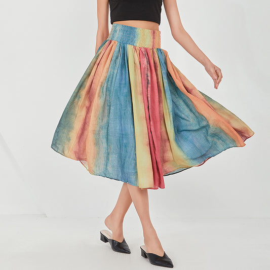 Spring New Fashion Tie-Dye Press Pleats Thin Everything With Big Swing Skirt Half Skirt Women