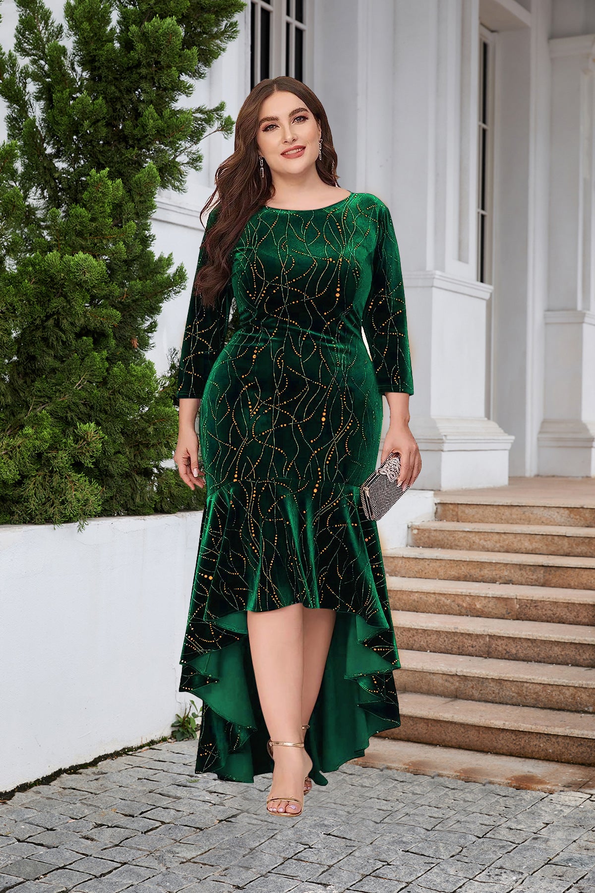 Women's Plus Size Seven Quarter Sleeve Mermaid High And Low Hem Ultra Long Velvet Formal Jumpsuit