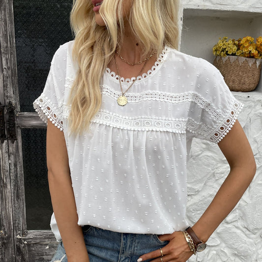 New Summer Lace Top Women's Solid Color Round Neck Short Sleeve Lace Pullover