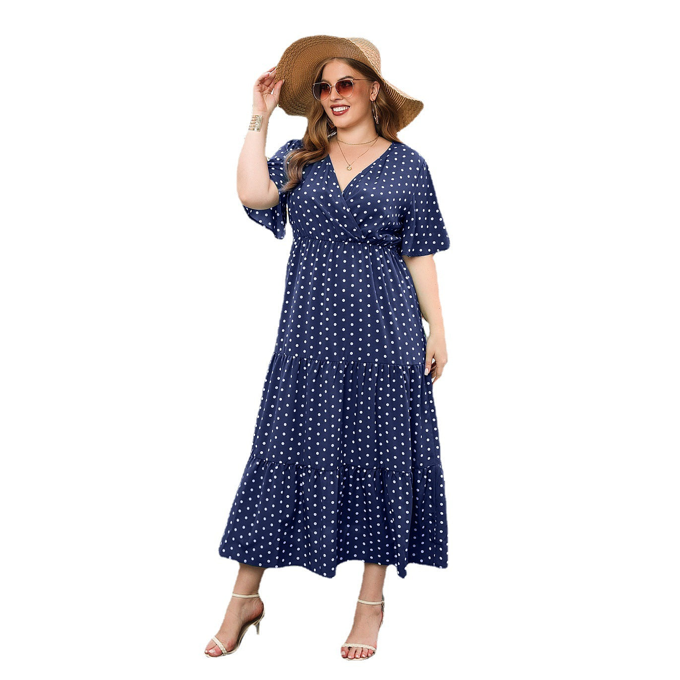 Summer Plus-Size Women's Plus-Size Polka Dot Casual Holiday Dress V-Neck Elegant Swing Midi Skirt