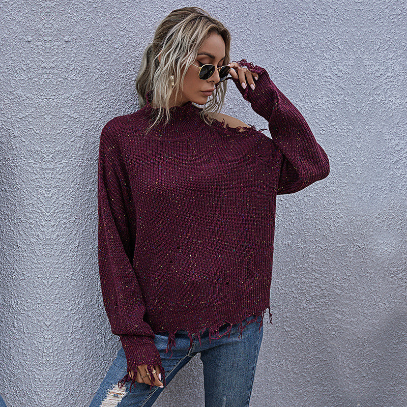 Loose Off-The-Shoulder Hole Long-Sleeved High-Neck Knitwear Sweater Women Fall Women's Wear