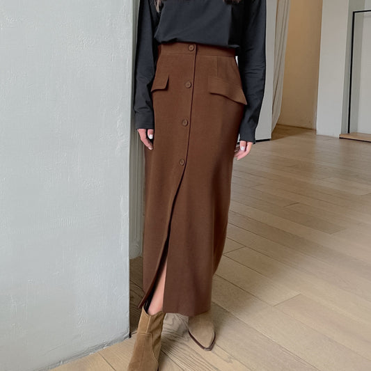 Fashion Retro Temperament Sense Of High-Waisted Slim-Fit Skirt Package Hip Skirt Sexy Slit Straight Skirt Long Skirt Autumn Dress