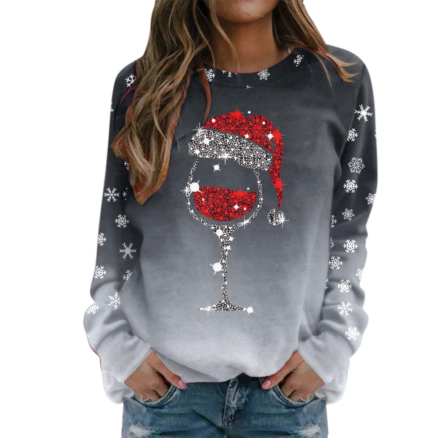 Ladies Casual Big Head Deer Christmas Printed Round Neck Long Sleeve Hoodie Top