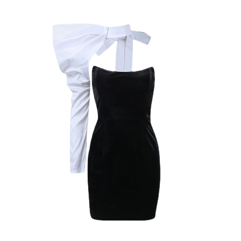 New Women Features One-Shoulder Bow Strapless Small Dress Two-Piece Set Fishbone Slimming Dress