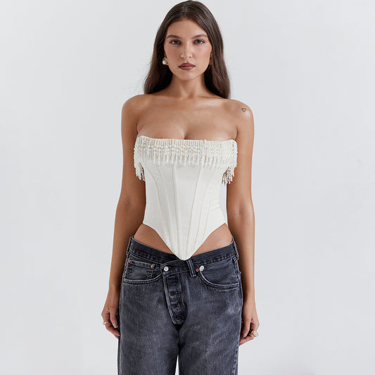 New Hottie Wears A Women's Pearl Tank Top And Fishbone Corset With Irregular Crop Top