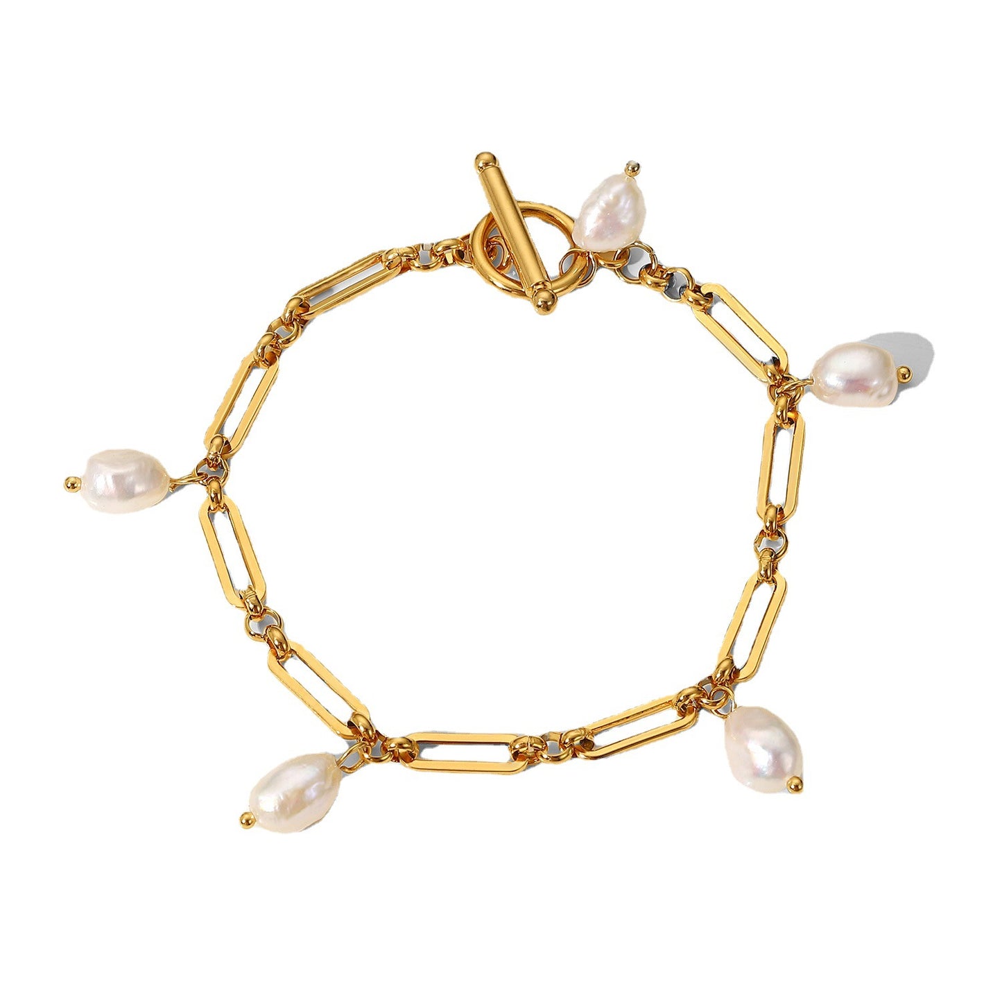 5pcs Vintage Natural Light Pearl Fringe Geometric Stitching Chain Hand Bracelet 18K Gold Stainless Steel Ot Buckle Bracelet