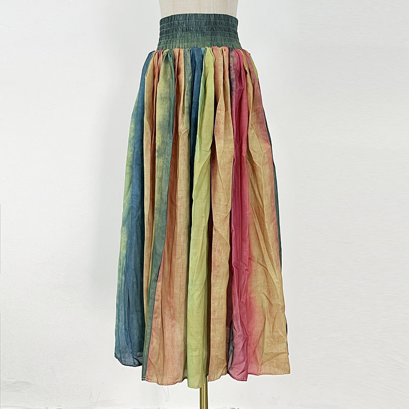 Spring New Fashion Tie-Dye Press Pleats Thin Everything With Big Swing Skirt Half Skirt Women