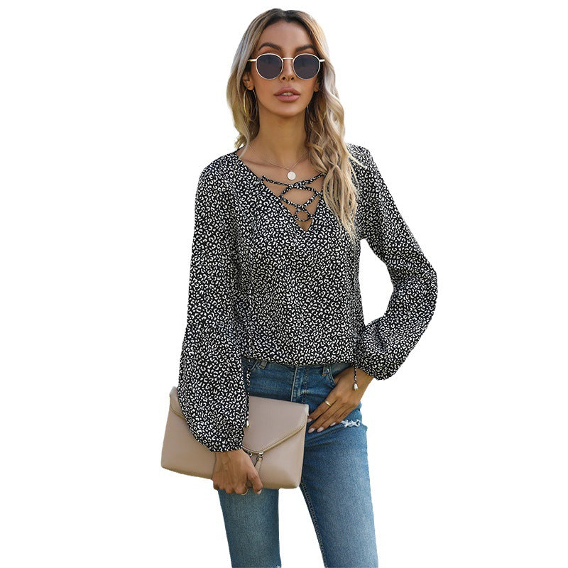 Top Leopard Print V-Neck Loose Tie Long-Sleeved Vintage Shirt