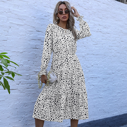 Retro Women's Autumn And Winter Slim Leopard Print Long-Sleeved Dress In The Long Style