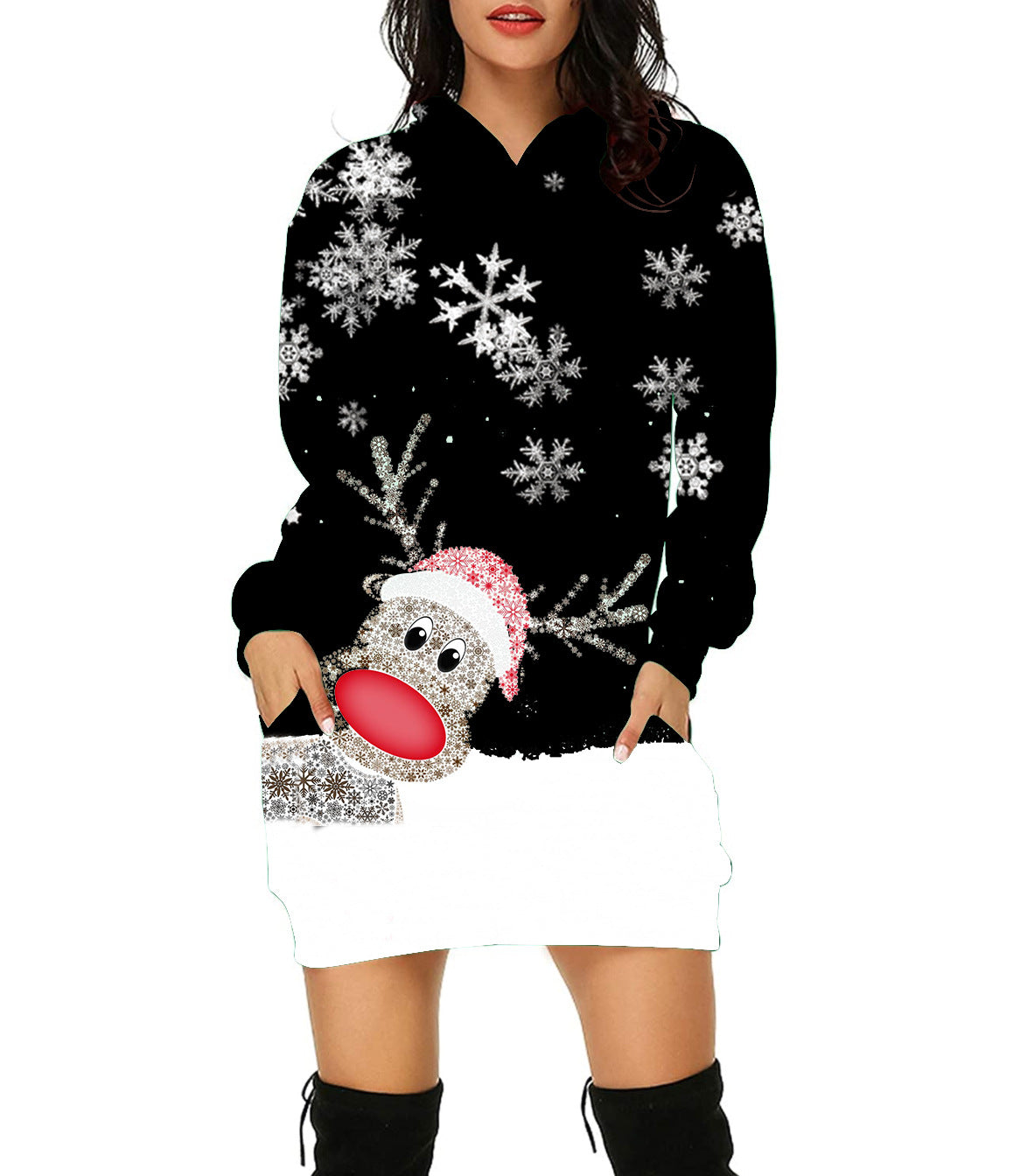 New Christmas Hoodie Moose 3D Printed Long Hoodie Autumn Loose Hoodie Dress