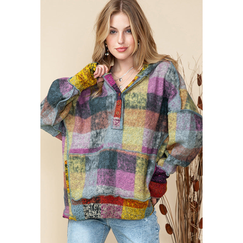 Casual Loose Plaid Hoodie Woman Autumn And Winter New Personality Contrast Color Insert Bag Long Sleeve Blouse Woman