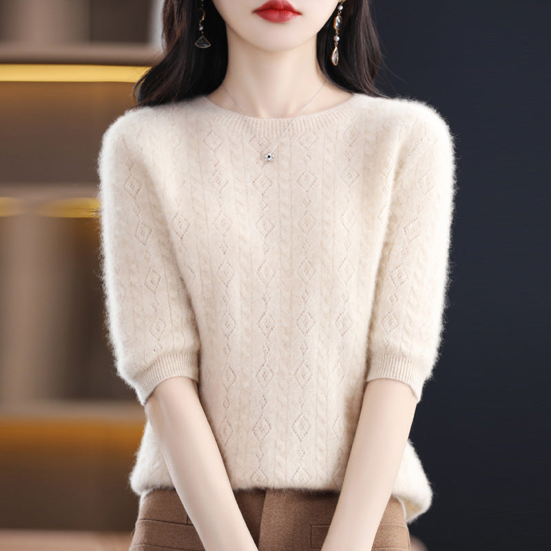 New Spring And Summer Round Neck 100 Knitwear Women Hollow Half Sleeve Bottom Top Knitting