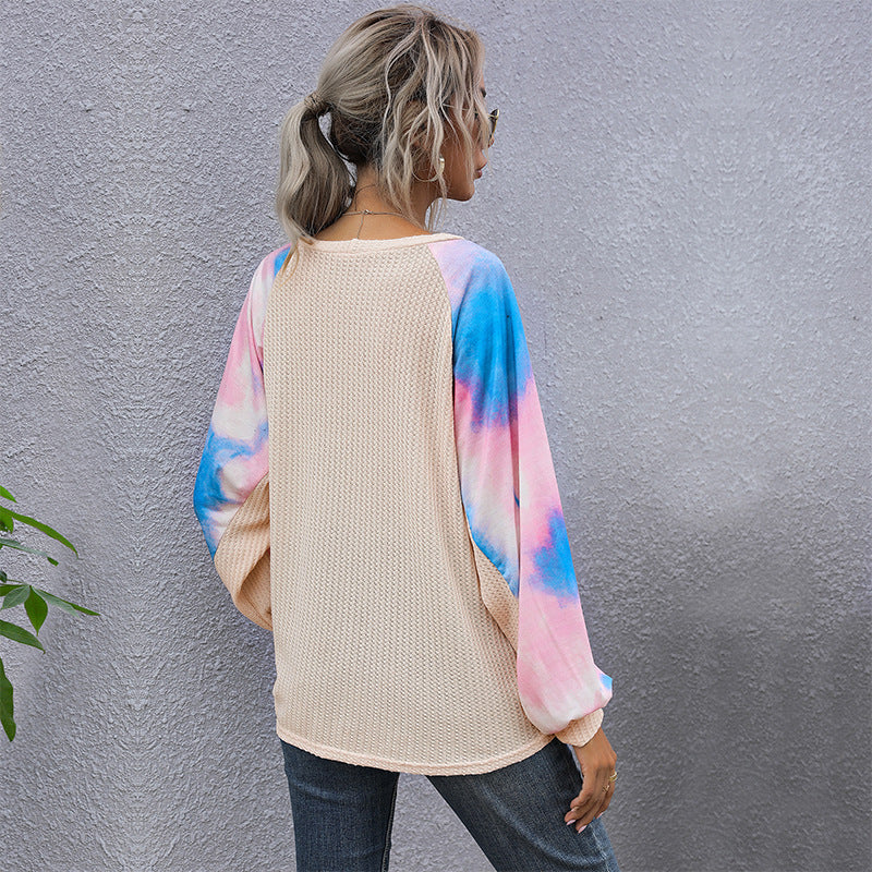 Loose Top Fashion Casual Crew-Neck Splicing Long-Sleeved Tie-Dyed White T-Shirt