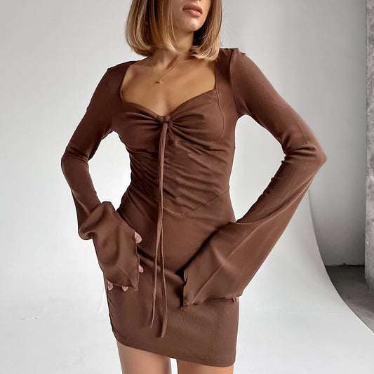 Sexy Temperament Sense Knitted Brown Square Collar Slim Long-Sleeved Dress New Fashion Lace-Up Women's Dress